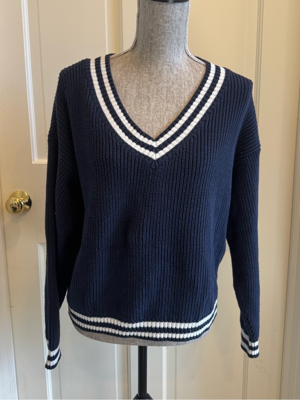Hollister Ribbed Varsity V-Neck Striped Trim Sweater